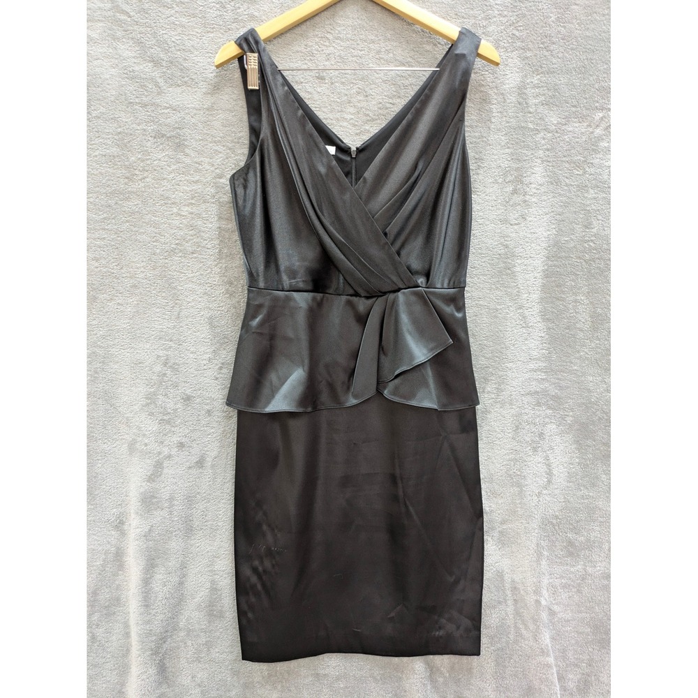 Classic Peplum Sheath Dress Women Size 10 Black Satin V-Neck Sleeveless LBD